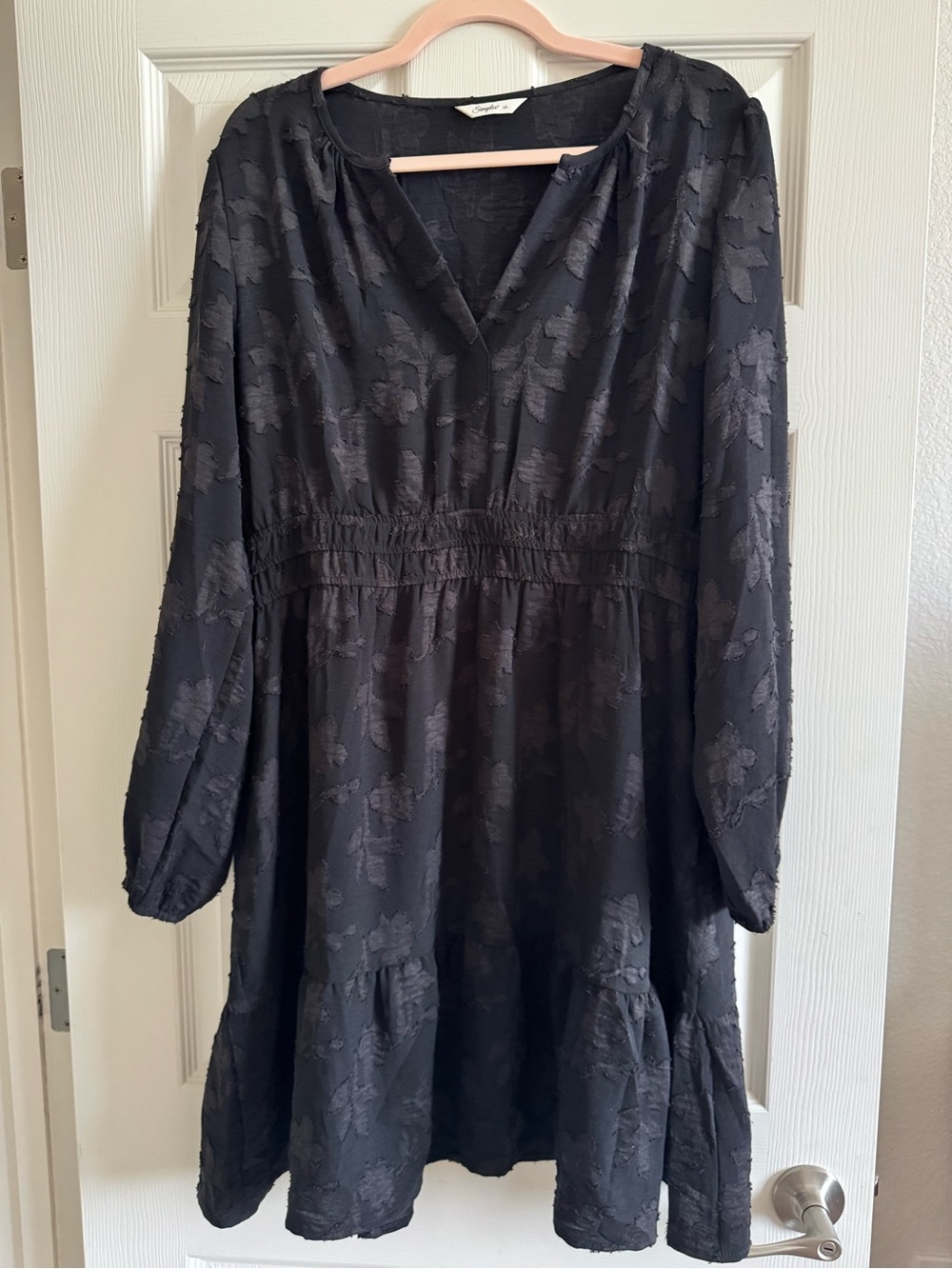Simple Black Textured Long-Sleeve Tiered Tunic Dress